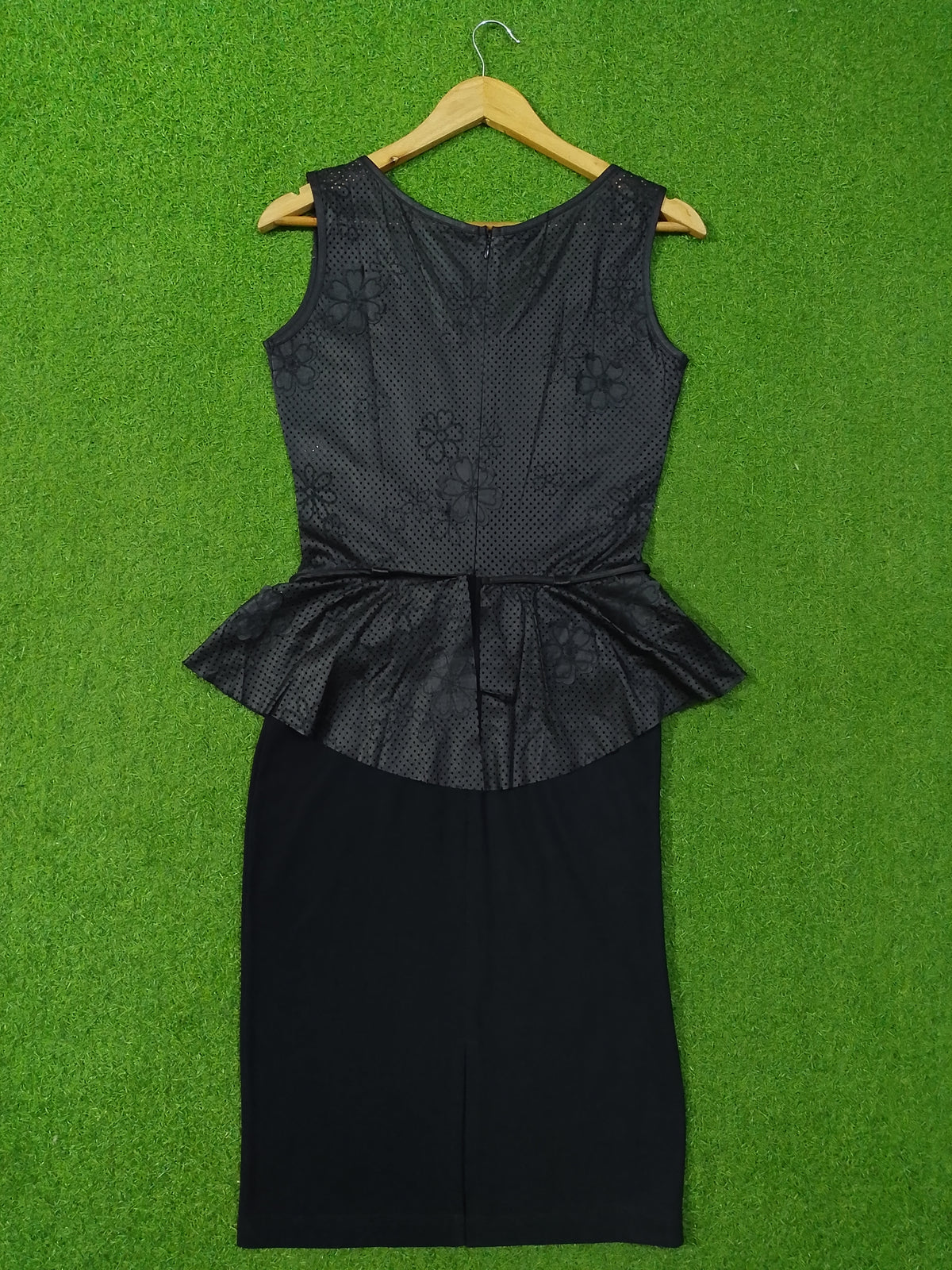 Black Perforated Floral Peplum Bodycon Dress - Back View