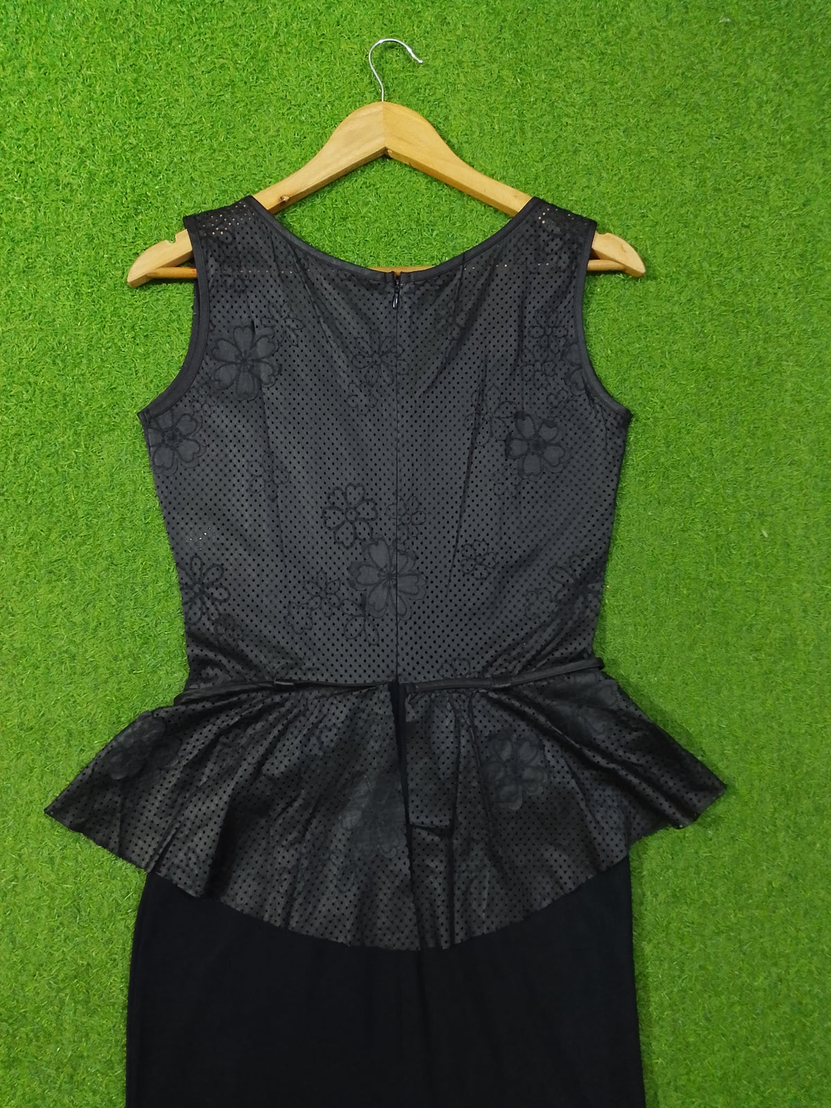Black Perforated Floral Peplum Bodycon Dress - Peplum Detail