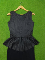 Black Perforated Floral Peplum Bodycon Dress - Peplum Detail