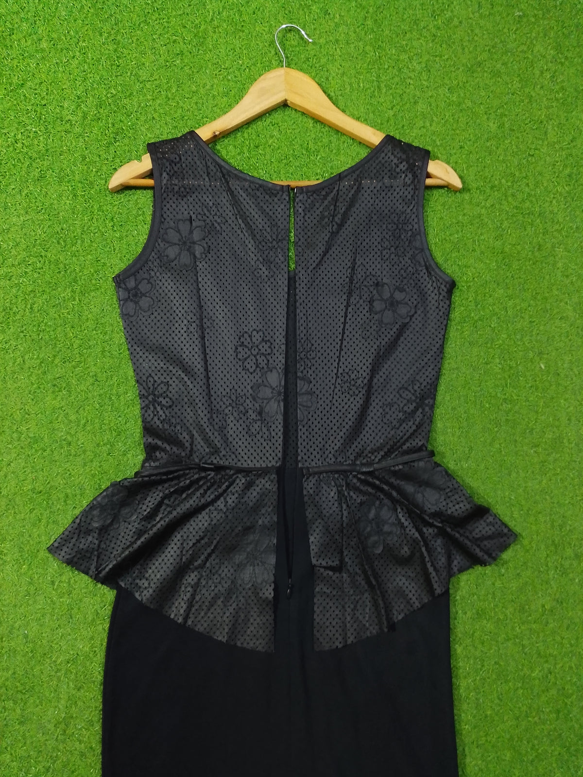 Black Perforated Floral Peplum Bodycon Dress - Back Zipper
