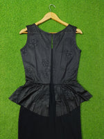 Black Perforated Floral Peplum Bodycon Dress - Back Zipper