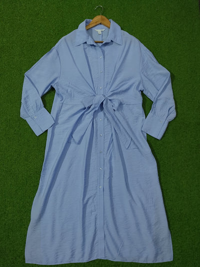 Light Blue Tie-Front Button-Down Shirt Dress - Full View - alternate view