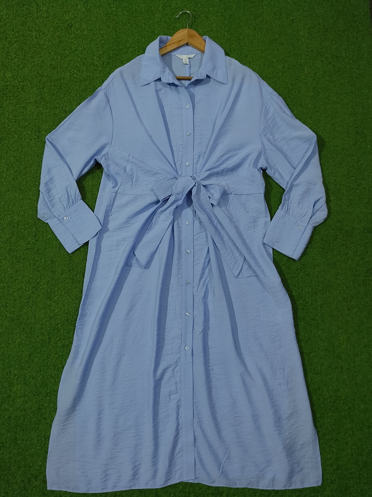 Light Blue Tie-Front Button-Down Shirt Dress - Full View