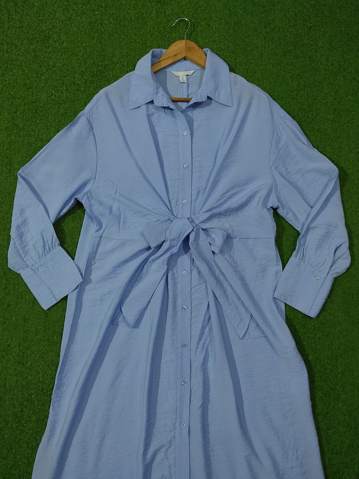Light Blue Tie-Front Button-Down Shirt Dress - Upper Body Detail