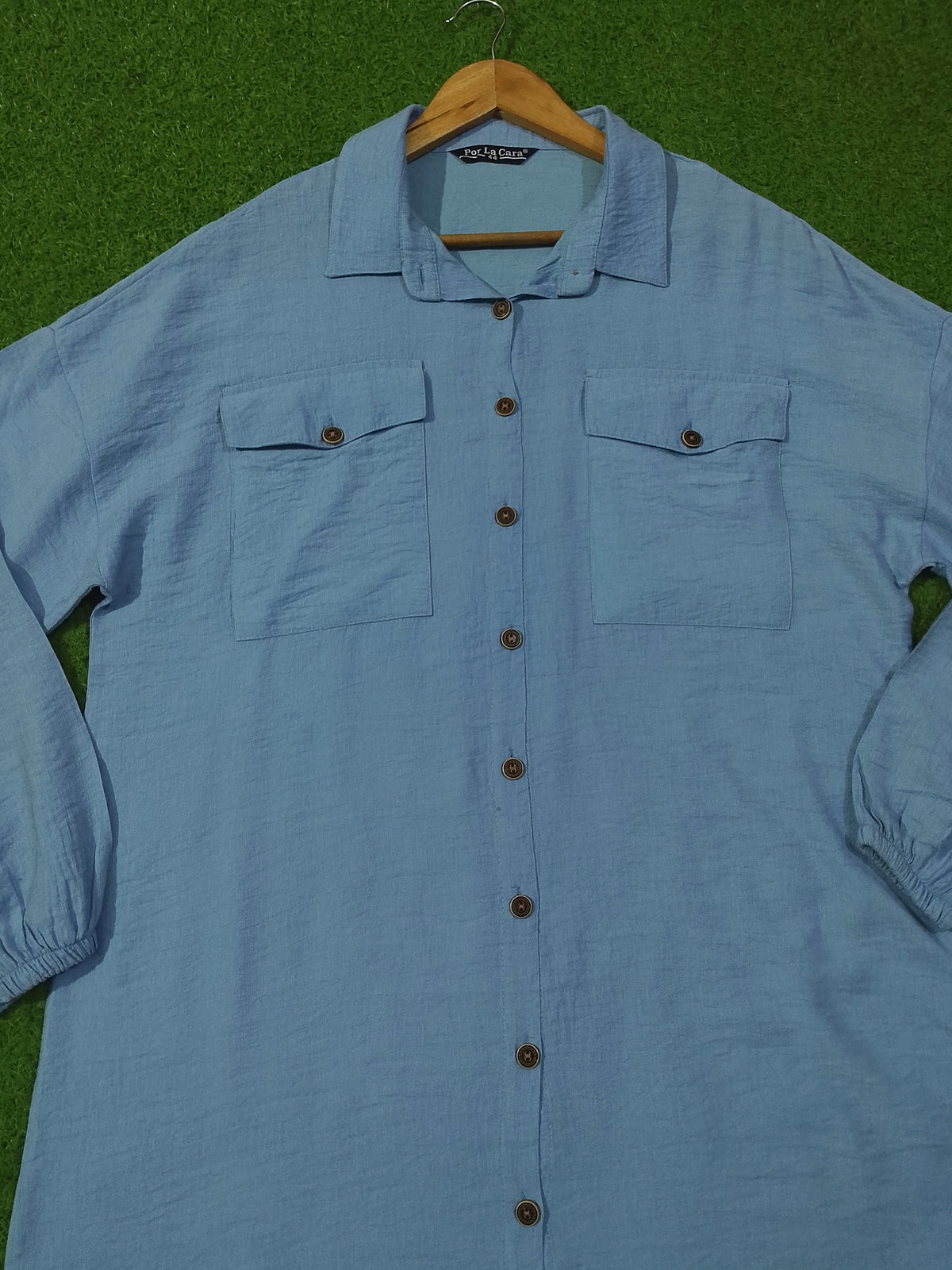 Sky Blue Drop Shoulder Long Shirt with Dual Chest Pockets