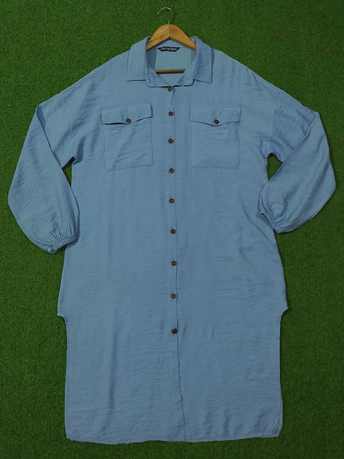 Sky Blue Drop Shoulder Long Shirt - Close Up