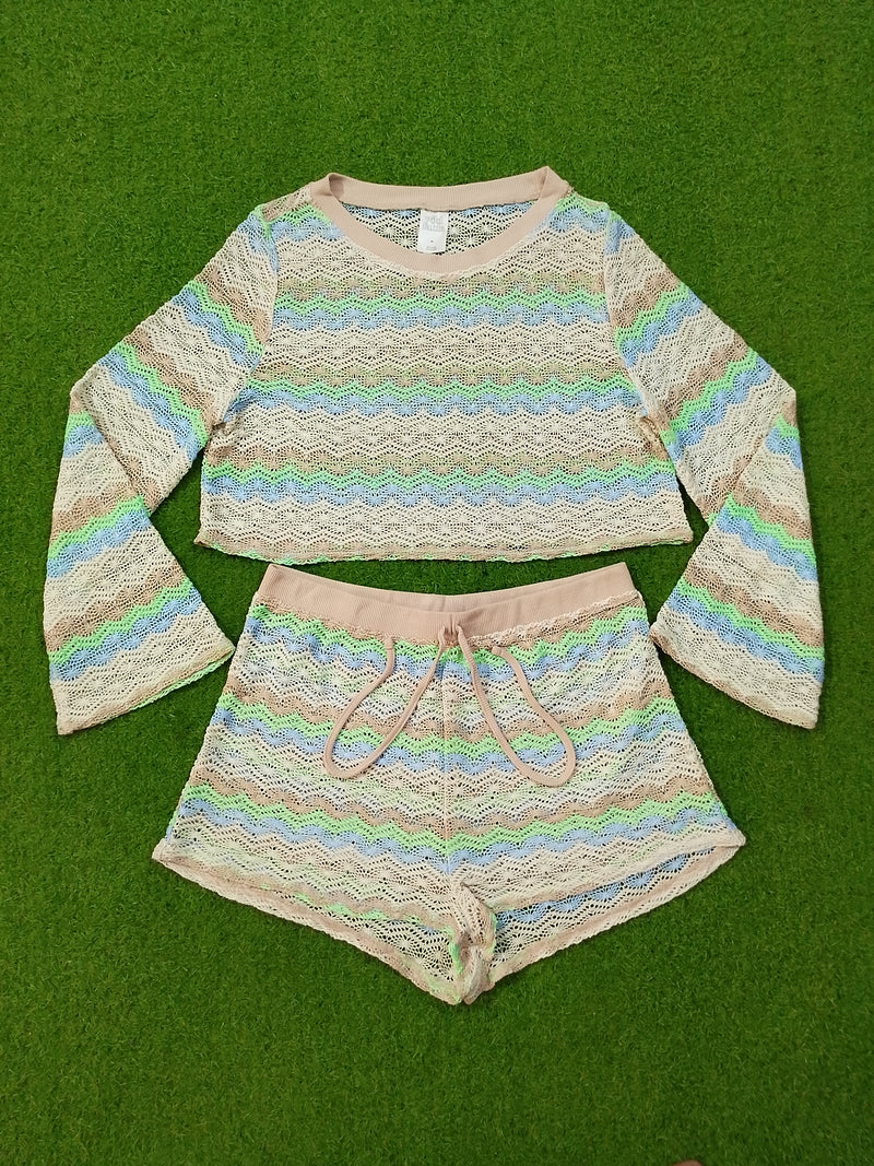 Multicolor Crochet Lace Bell Sleeve Crop Top & Shorts Co-ord Set