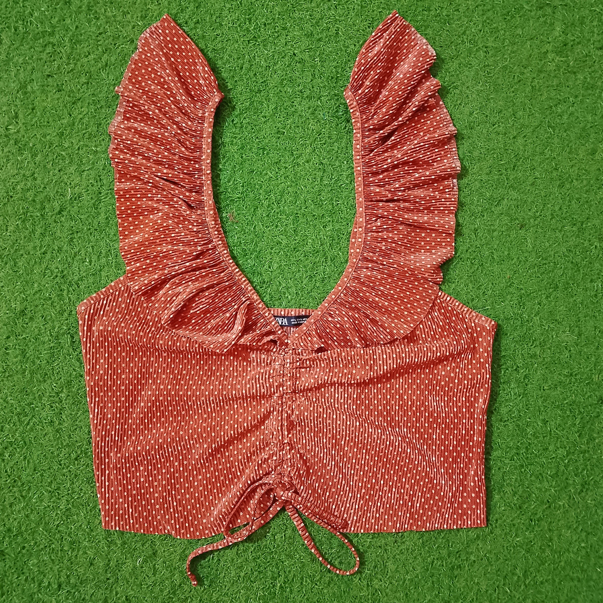 Brown Polka Dot Ruffle Strap Tie-Back Crop Top