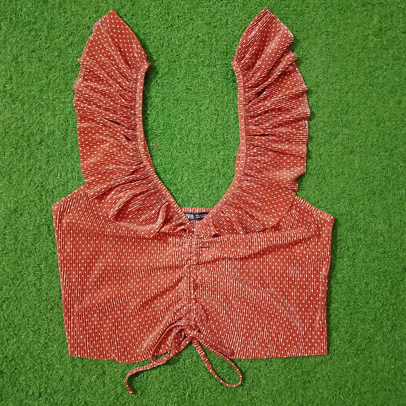 Brown Polka Dot Ruffle Strap Tie-Back Crop Top