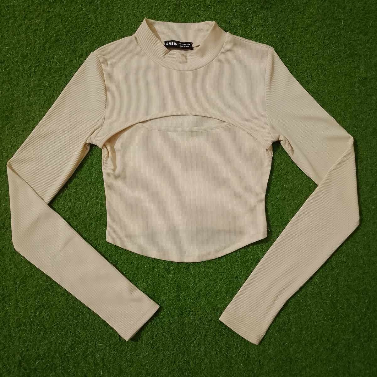 Cream Ribbed Mock Neck Cut-Out Long Sleeve Crop Top