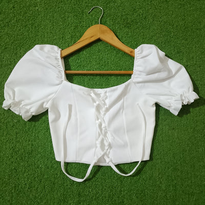 White Puff Sleeve Lace-Up Crop Top