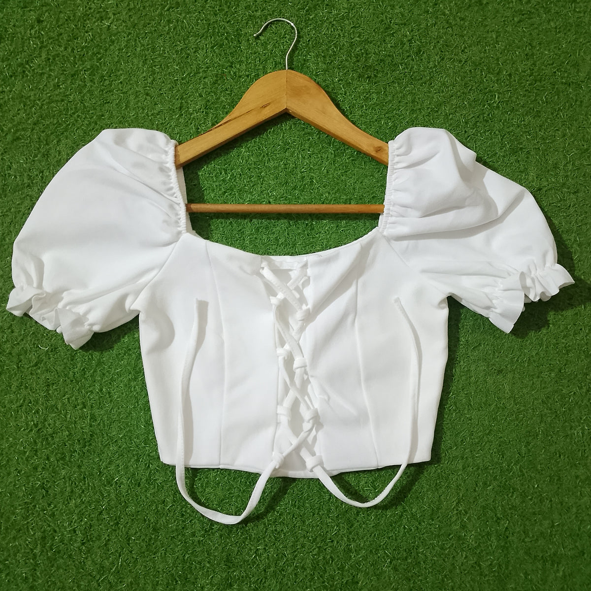 White Puff Sleeve Lace-Up Crop Top