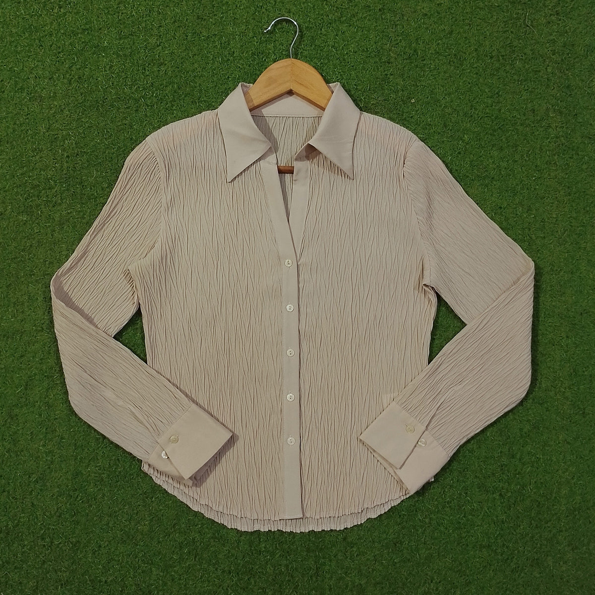 Beige Crinkle Texture Collared Chiffon Shirt