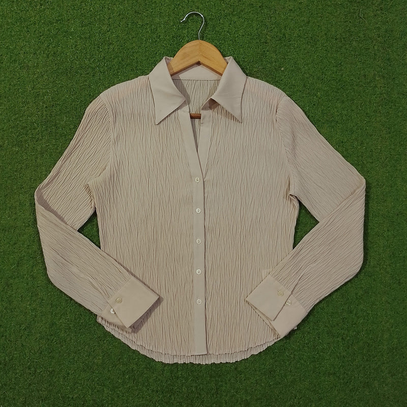 Beige Crinkle Texture Collared Chiffon Shirt