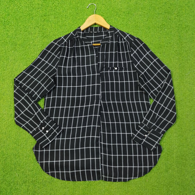 Navy Blue Windowpane Check V-Neck Chiffon Shirt