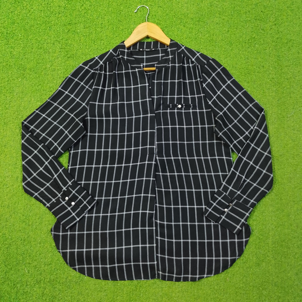 Navy Blue Windowpane Check V-Neck Chiffon Shirt