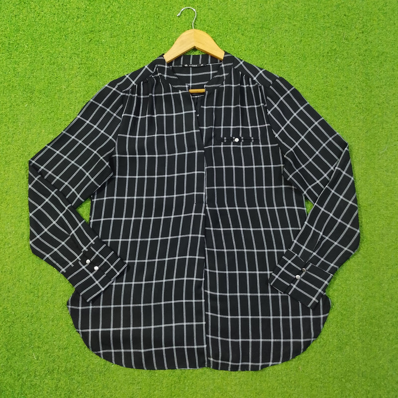 Navy Blue Windowpane Check V-Neck Chiffon Shirt
