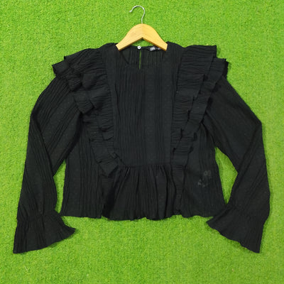 Black Ruffle Trim Pleated Peplum Chiffon Blouse