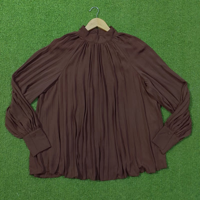 Brown Pleated Mock Neck Puff Sleeve Chiffon Blouse