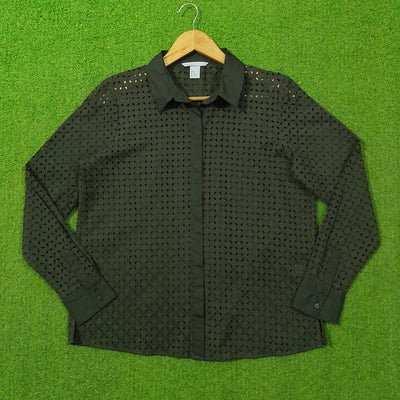 Dark Olive Green Eyelet Cut-Out Cotton Shirt - Front View