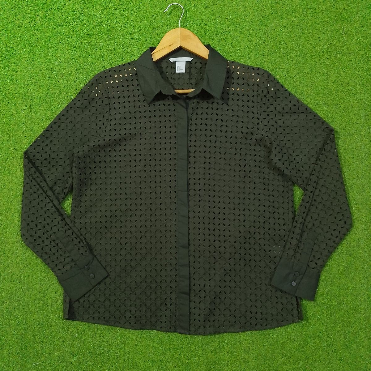 Dark Olive Green Eyelet Cut-Out Cotton Shirt - Front View