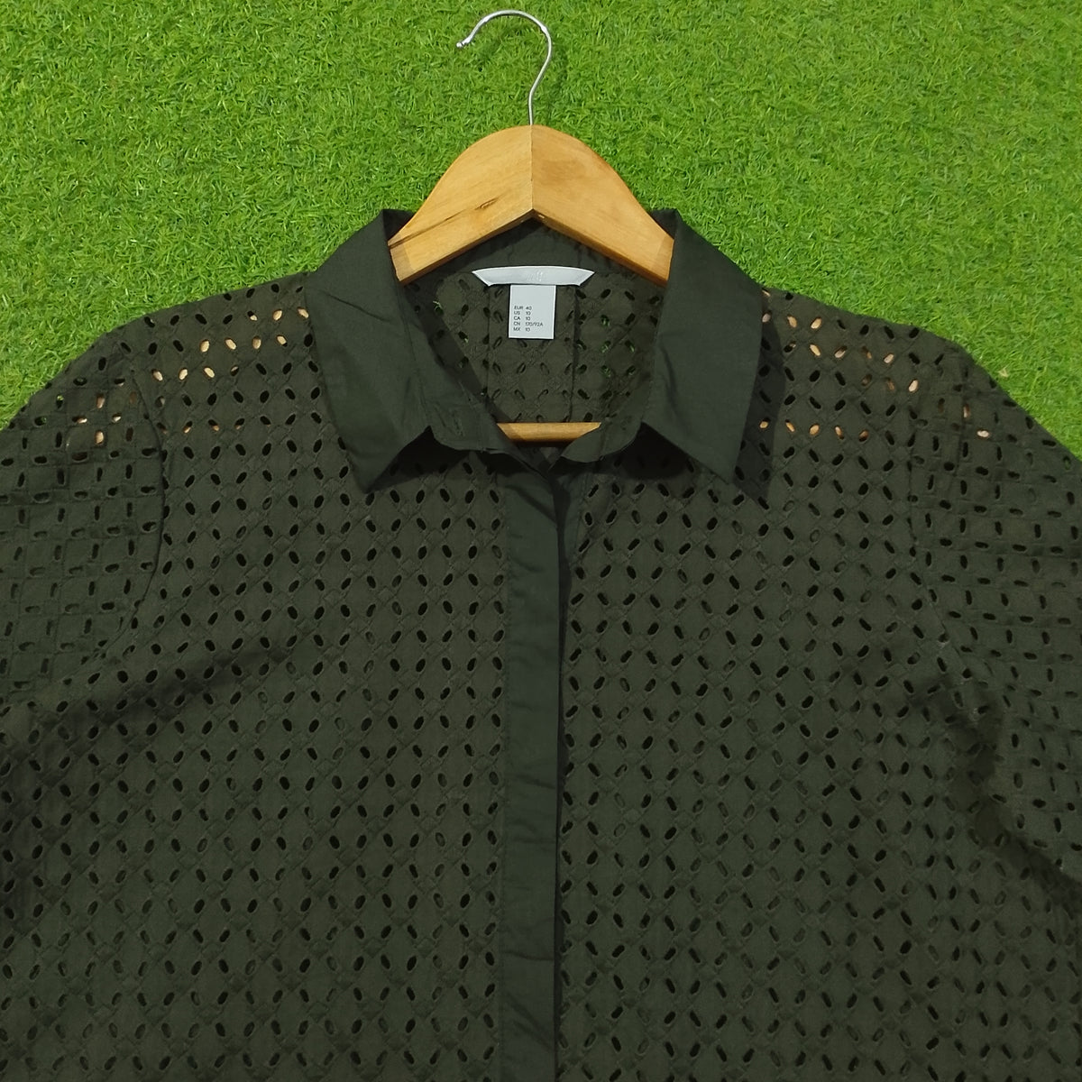 Dark Olive Green Eyelet Cut-Out Cotton Shirt - Detail View