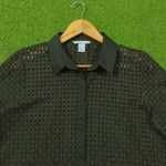 Dark Olive Green Eyelet Cut-Out Cotton Shirt - Detail View