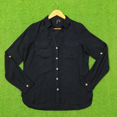 Black Dual-Pocket Linen Button-Down Shirt - Front View