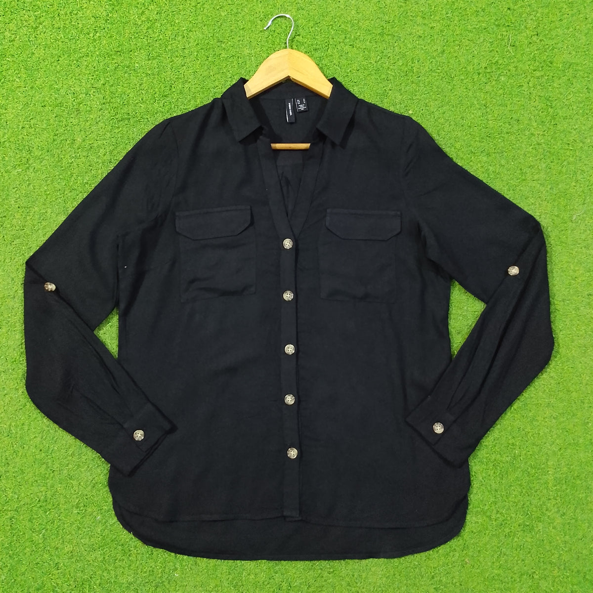 Black Dual-Pocket Linen Button-Down Shirt - Front View