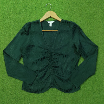 Dark green ruched V-neck silk top - front view