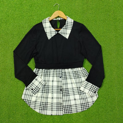 Black & White Houndstooth Check Collar 2-in-1 Top - Full View