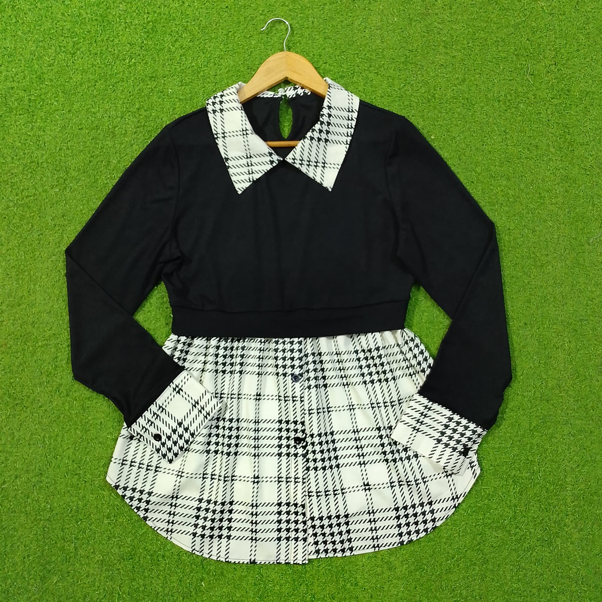 Black & White Houndstooth Check Collar 2-in-1 Top - Full View