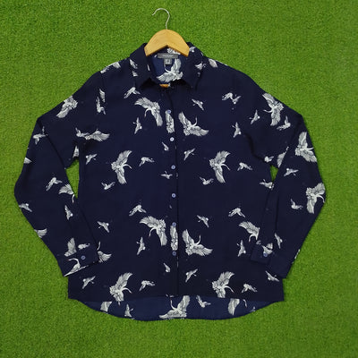 Navy Blue Crane Print Full Sleeve Shirt