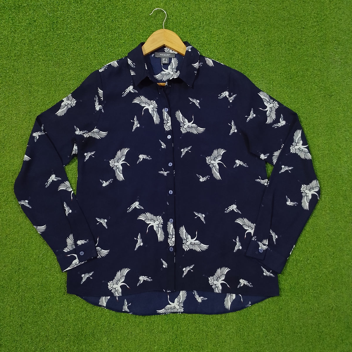 Navy Blue Crane Print Full Sleeve Shirt