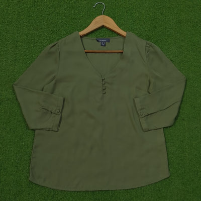 Olive Green Chiffon V-Neck Puff Sleeve Top