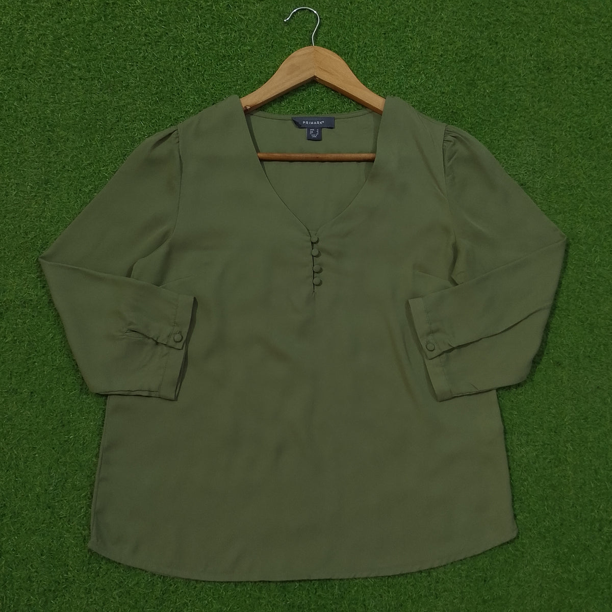 Olive Green Chiffon V-Neck Puff Sleeve Top