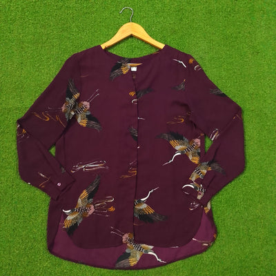 Maroon Bird Print Chiffon Full Sleeve Blouse