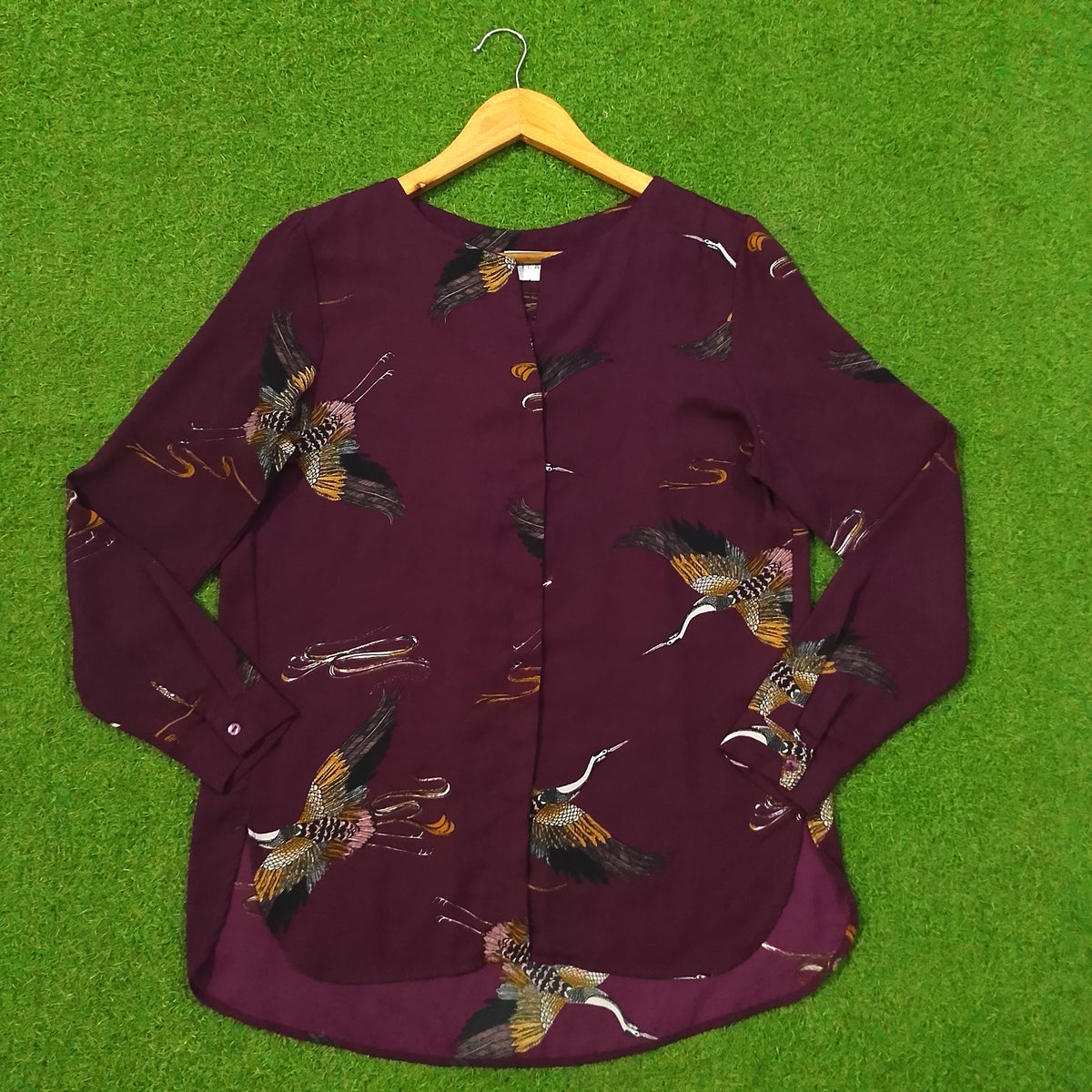 Maroon Bird Print Chiffon Full Sleeve Blouse