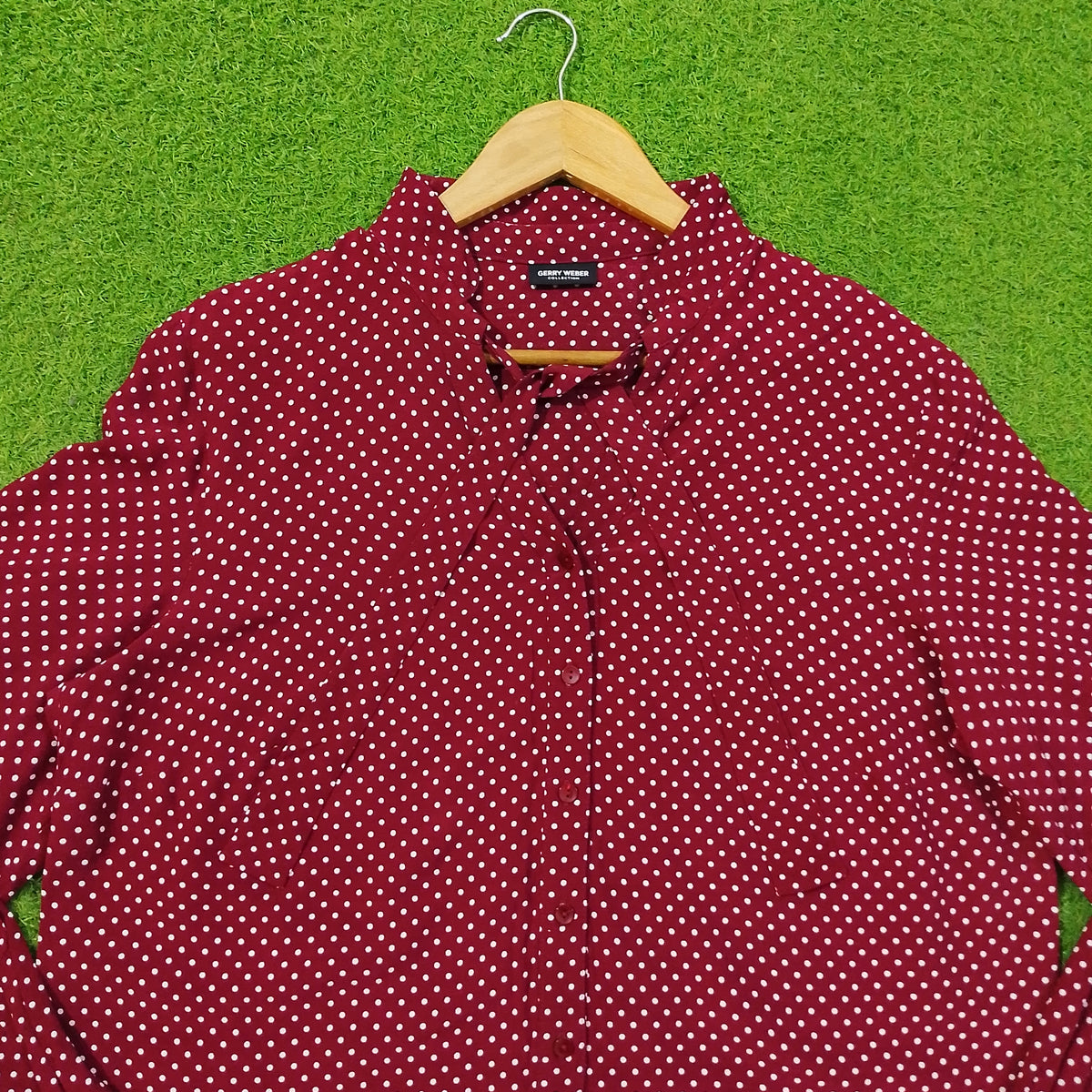 Maroon Polka Dot Chiffon Full Sleeve Shirt - Detail