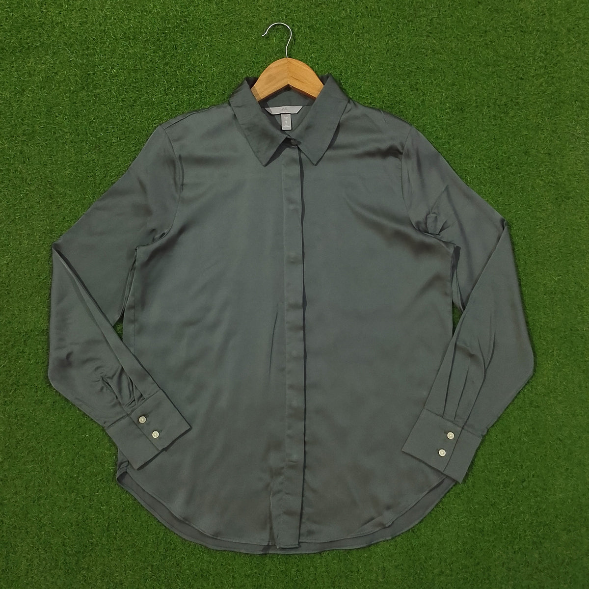 Slate Grey Silk Full Sleeve Button-Down Shirt - Front
