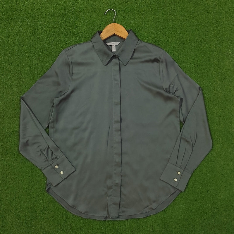 Slate Grey Silk Full Sleeve Button-Down Shirt - Front