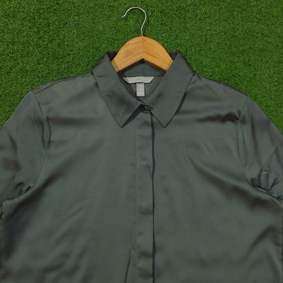 Slate Grey Silk Full Sleeve Button-Down Shirt - Detail - alternate view