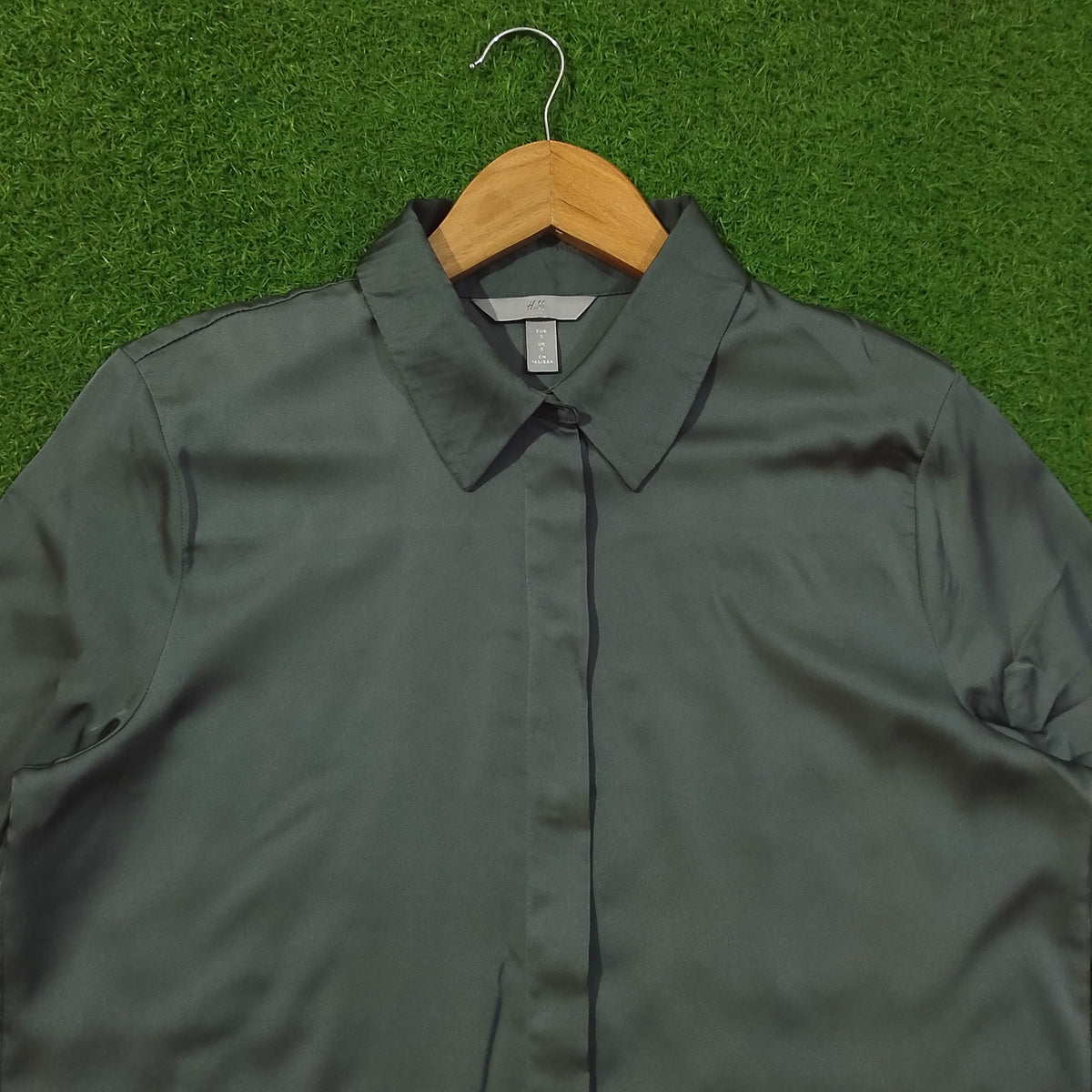 Slate Grey Silk Full Sleeve Button-Down Shirt - Detail