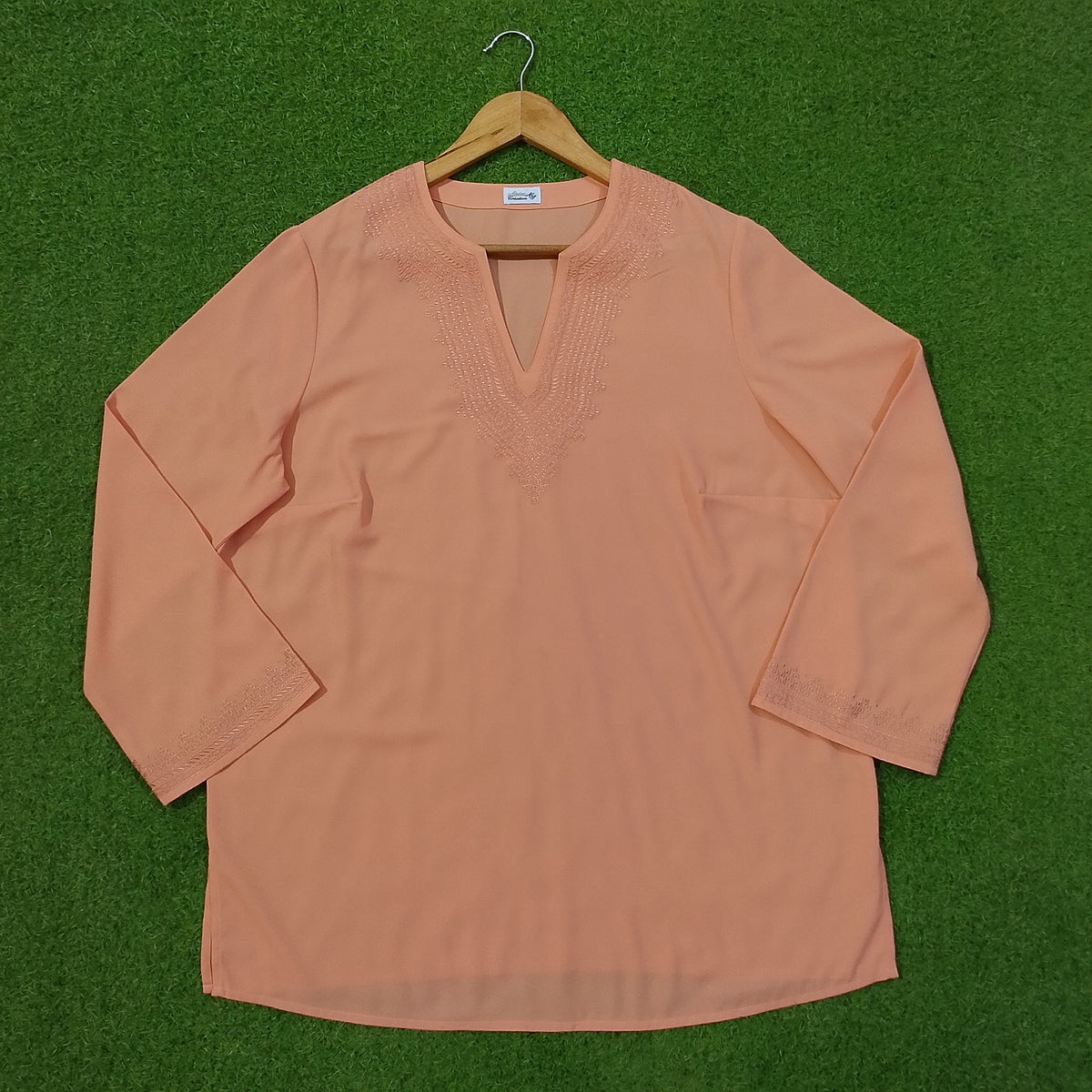 Peach Embroidered V-Neck Chiffon Full Sleeve Top