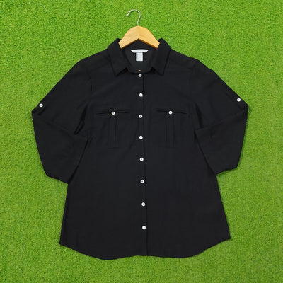 Black Chiffon Roll-Up Sleeve Button-Down Shirt