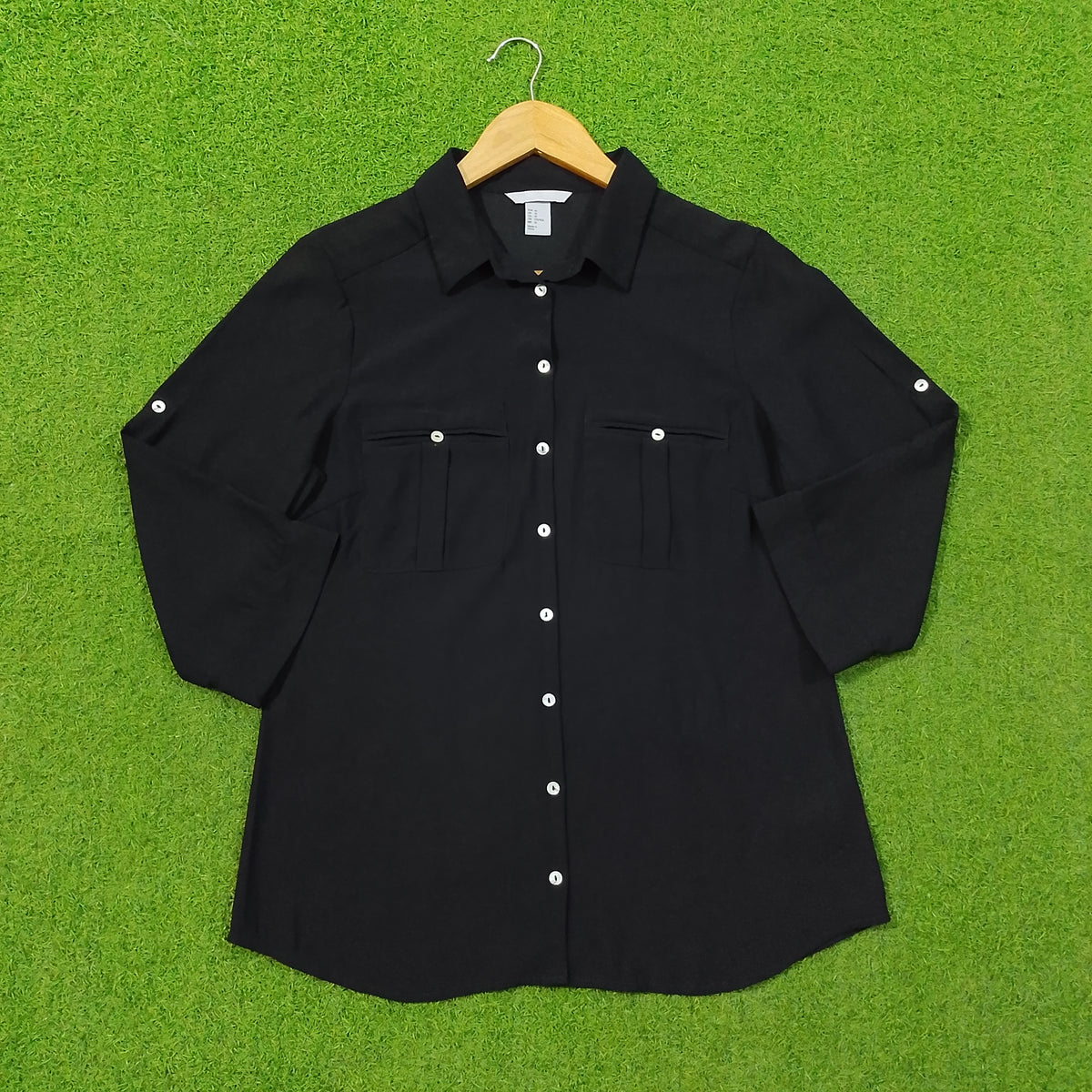 Black Chiffon Roll-Up Sleeve Button-Down Shirt