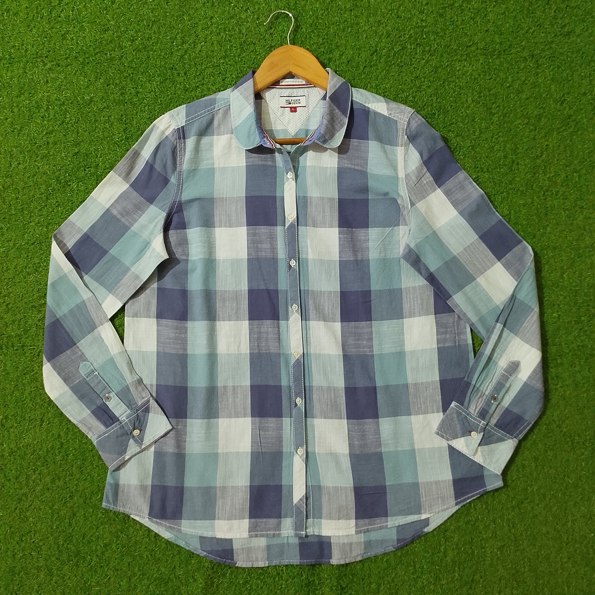 Blue check Hilfiger Denim button-down shirt - full front view on hanger