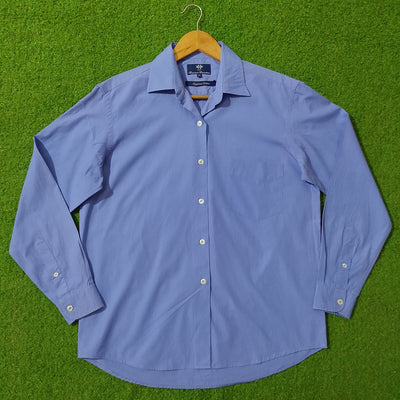 Blue Egyptian cotton button-down shirt by DHE Business Direction - full front view on hanger - alternate view