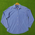 Blue Egyptian cotton button-down shirt by DHE Business Direction - full front view on hanger