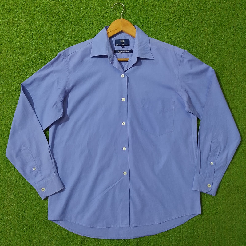 Blue Egyptian cotton button-down shirt by DHE Business Direction - full front view on hanger
